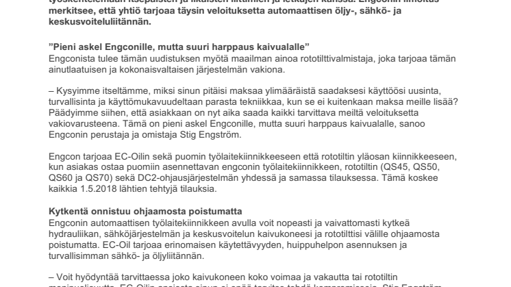 Automaattiset työlaitekiinnikkeet uusi vakiovaruste Engconilla 