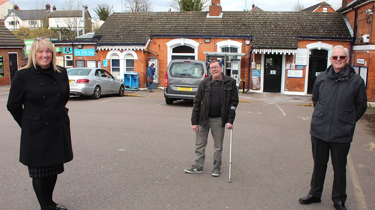 Station manager Bernie Lee, Step-Free Access campaigner Ian Cook (centre) and Bedford Commuters' Association chairman Arthur Taylor observe social distance advice as they celebrate securing funding for lifts at Flitwick station, Beds