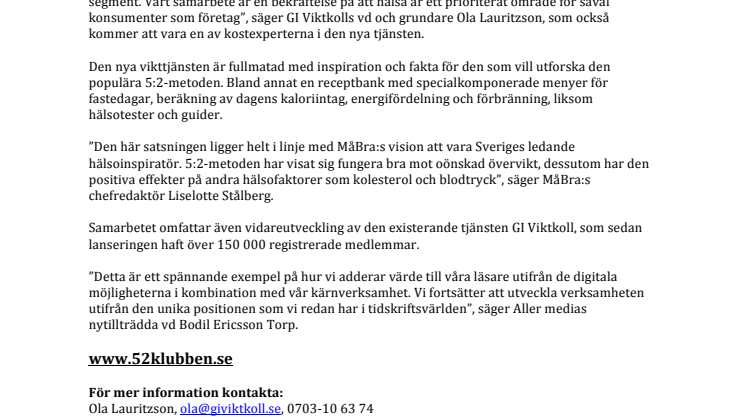 GI Viktkoll i strategiskt samarbete med MåBra och Aller media – lanserar ny tjänst för 5:2-metoden
