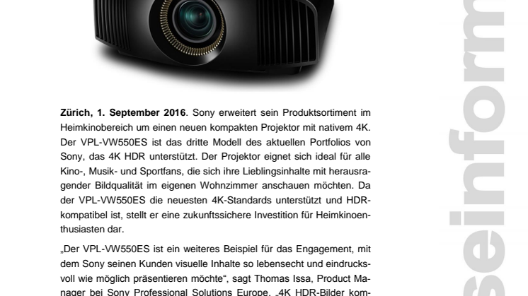IFA 2016: Sony stellt neuen 4K-SXRD-Heimkinoprojektor VPL-VW550ES vor 