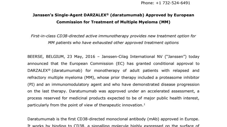 Europeiska kommissionen har godkänt Darzalex (daratumumab) för behandling av multipelt myelom