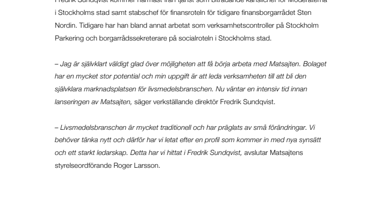 Matsajten.se rekryterar VD från politiken