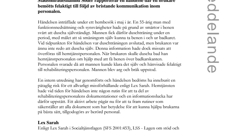 Bristande informationsöverföring ledde till missförhållande enligt Lex Sarah