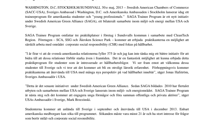 Sverige och USA lanserar SAGA Trainee Program