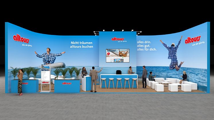 Der alltours ITB-Messstand (302) in Halle 25 steht ganz unter dem Motto der aktuellen alltours Werbekampagne „Nicht träumen – alltours buchen“.