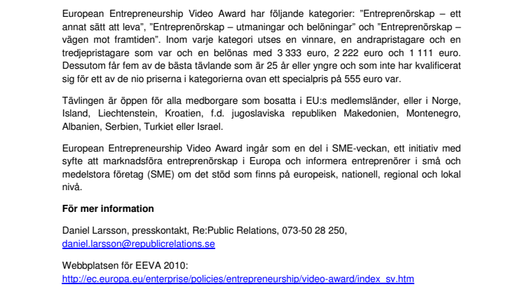 Europeiska kommissionen lanserar European Entrepreneurship Video Awards 2010