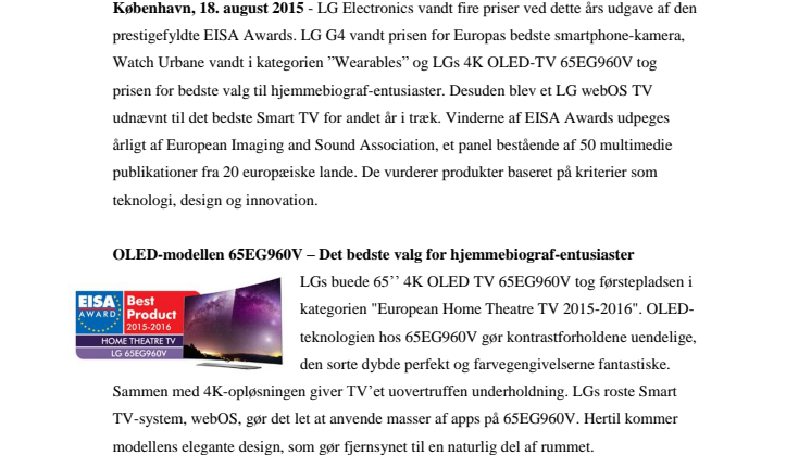 FIRE PRISER TIL LG ELECTRONICS VED EISA AWARDS 2015-2016