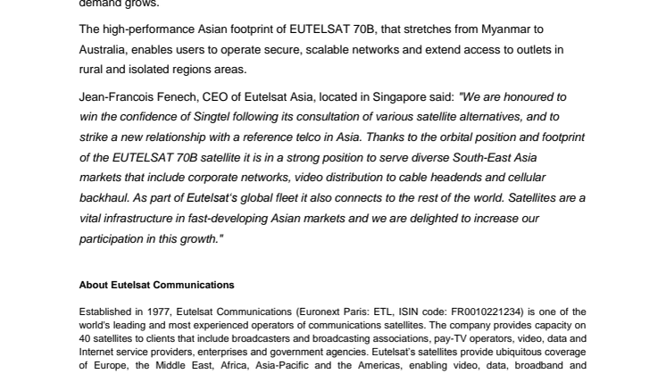 Singtel picks EUTELSAT 70B satellite for network connectivity across South-East Asia
