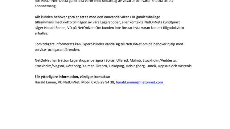 NetOnNet ger Expert-kunder 14 dagars bytesrätt