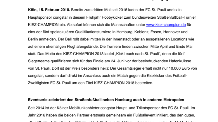 Anmeldung läuft: FC St. Pauli und congstar suchen den KIEZ-CHAMPION 2018 - Beim Turnier für Freizeitkicker winken 10.000 Euro und ein Spiel gegen die Profis