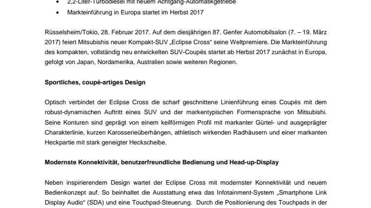 Neuer Kompakt-SUV Eclipse Cross: Weltpremiere auf dem Genfer Autosalon 2017