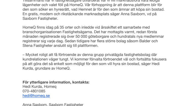 Ytterligare sex privata fastighetsbolag i Göteborg ansluter sina lägenheter till HomeQ 