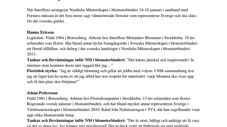 Fyra toppflorister representerar Sverige i Nordiska Mästerskapet i blomsterbinderi