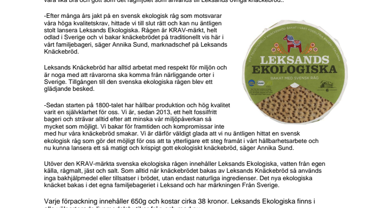 Leksands bakar för framtiden med nytt helsvenskt ekologiskt knäckebröd 