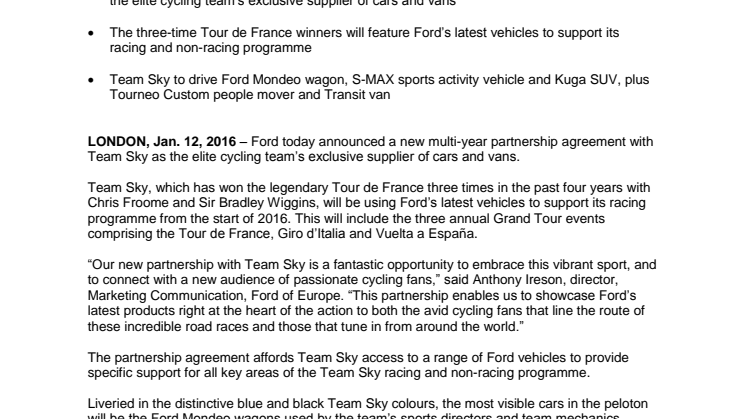 Ford bliver eksklusiv bilpartner for cykelholdet Team Sky