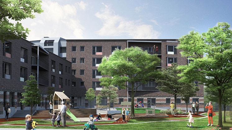 Arkitektur med utemiljö skapar möten mellan förskola och vårdboende i Huddinges pionjärprojekt Bildhuggaren. Bild: ORIGO Arkitekter