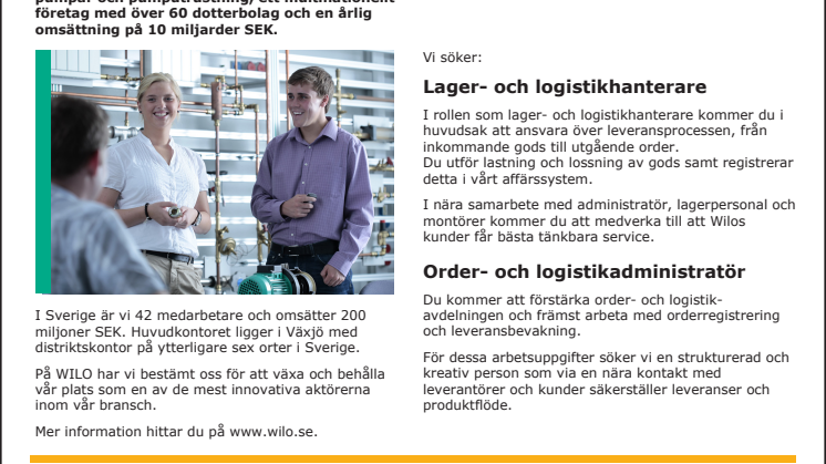 Lediga tjänster hos WILO i Växjö.