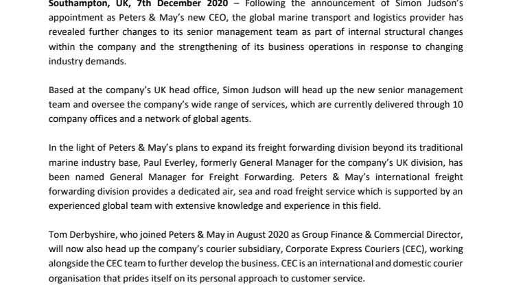 Peters & May Strengthens its Senior Management Team