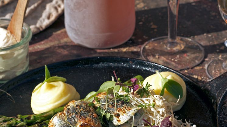 Örtbakad strömming med sparris och pepparrot
