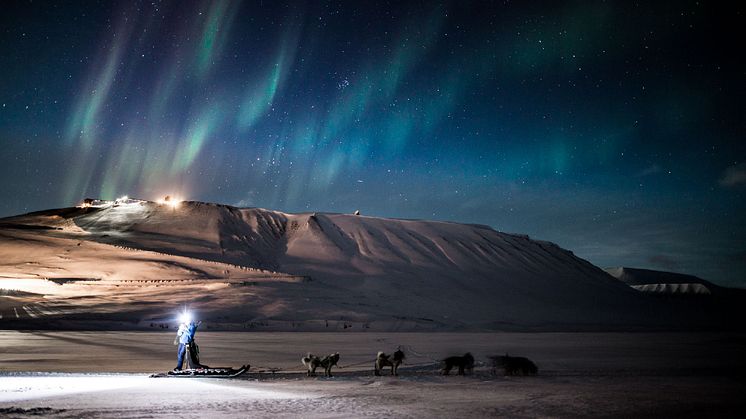 Dog sledding under the northern lights - an unforgettable adventure with Hurtigruten Svalbard.