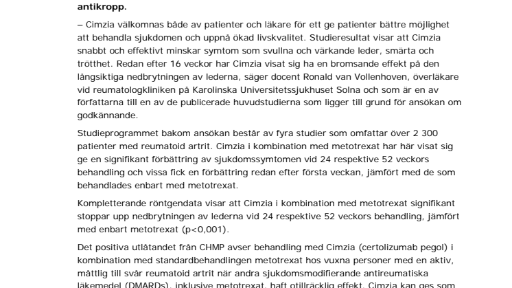 CHMP: positive opinion för Cimzia vid behandling av reumatoid artrit 