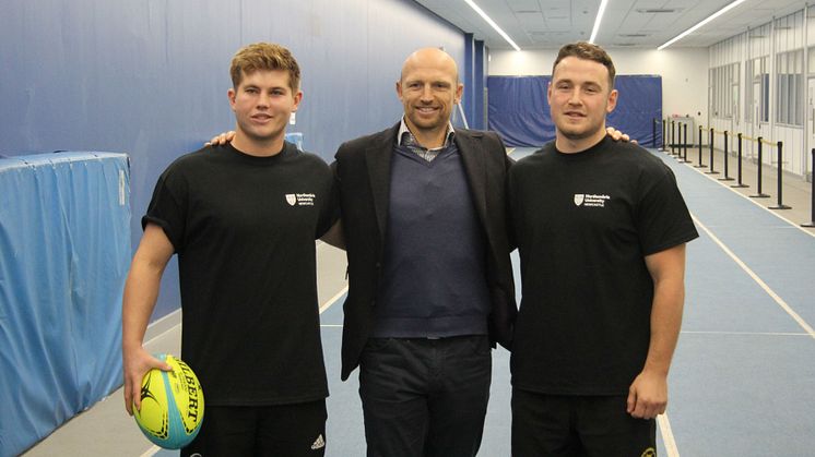 Northumbria's BUCS Super Rugby players Louis Musetti and Laurence Lilley meet Matt Dawson.
