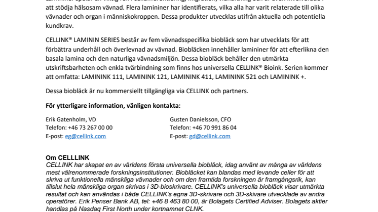 CELLINK lanserar ny biobläck-serie baserad på lamininer 