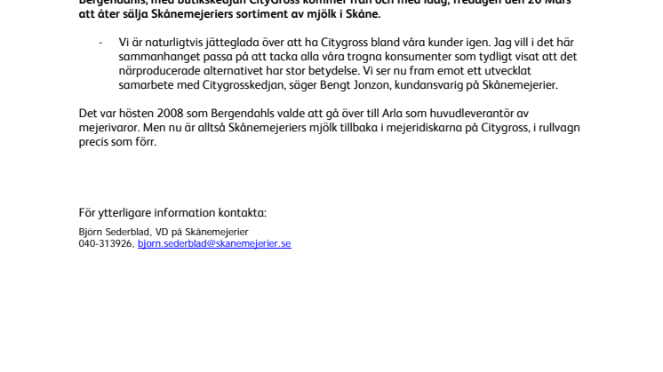 Skånemejeriers mjölk tillbaka på Citygross