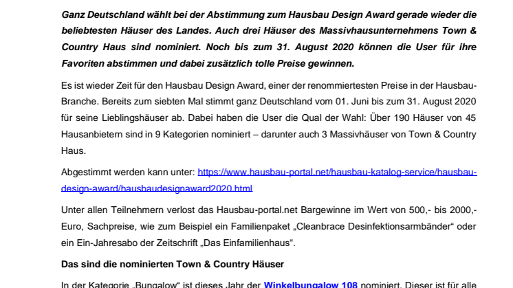 Town & Country Haus gleich mit drei Massivhäusern für den Hausbau Design Award nominiert!