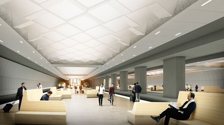 Visionsbild Station Korsvägen – plattform. Illustration: White Arkitekter