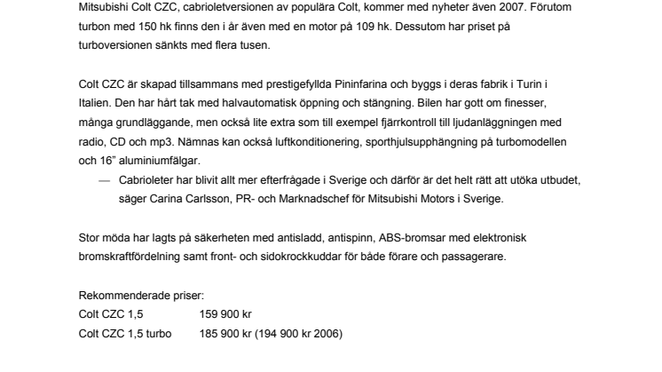 Mitsubishi Colt Cabriolet nu i två versioner
