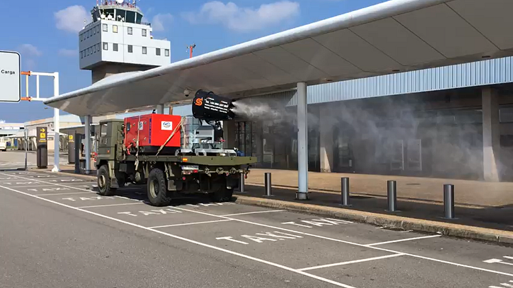 A HIMOINSA generator mounted on an army truck powers disinfection efforts at Asturias International Airport.