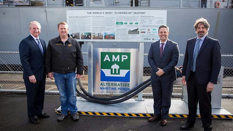 From left to right: Port of LA Executive Director, Gene Seroka; Jonathan Williams President & CEO Battleship Iowa; LA City Councilman Joe Buscaino; and Cavotec's Luciano Corbetta. Photo used by kind permission of POLA.