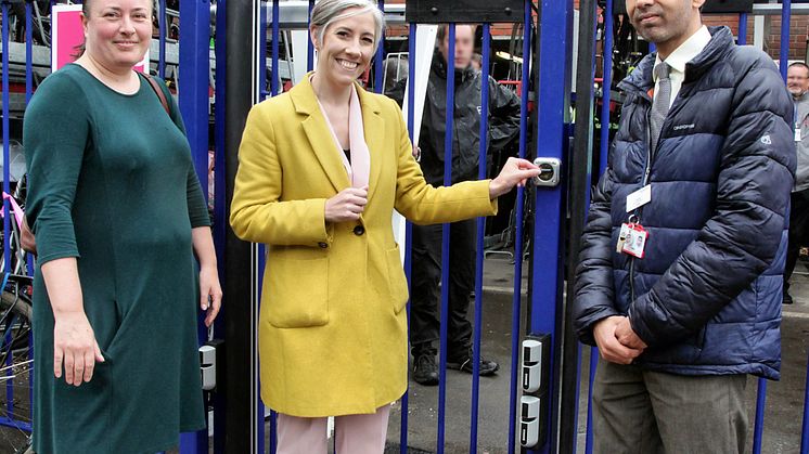 Key fob required: Daisy Cooper MP (centre) with Station Manager Harsitt Chandak and Cllr Jacqui Taylor at St Albans new cycle hub