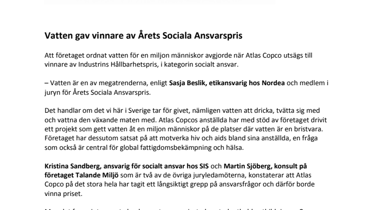 Vatten gav vinnare av Årets Sociala Ansvarspris