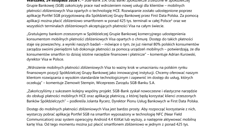 Mobilne płatności zbliżeniowe Visa oparte o chmurę w Spółdzielczej Grupie Bankowej