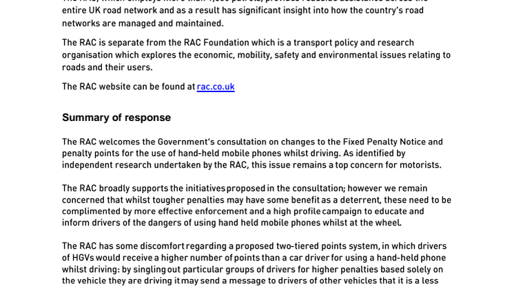 RAC responds to DfT consultation on changes to the Fixed Penalty Notice and penalty points for the use of a hand held mobile phone whilst driving