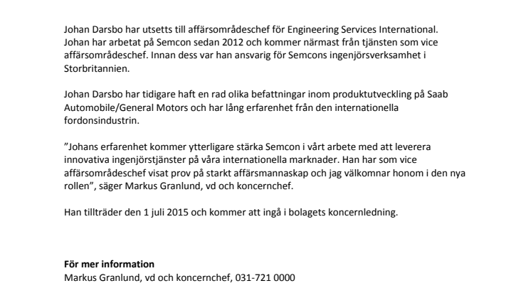 Semcon utser Johan Darsbo till ny affärsområdeschef för Engineering Services International