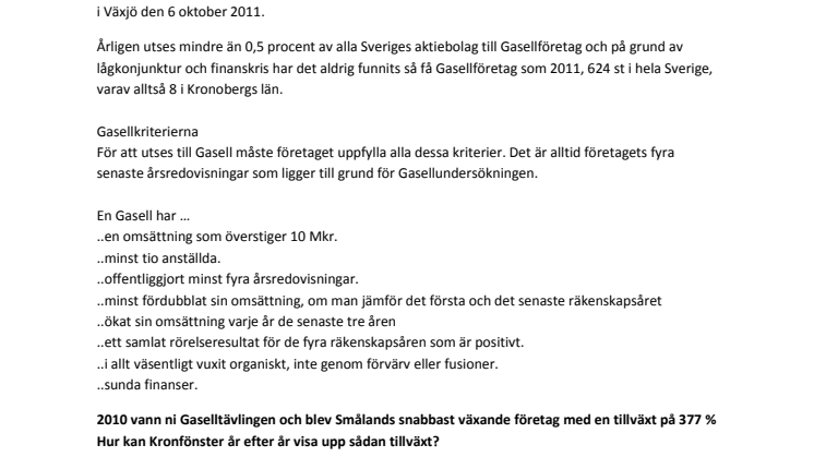 Fönstertillverkaren Kronfönster, Gasellföretag för andra året i rad!