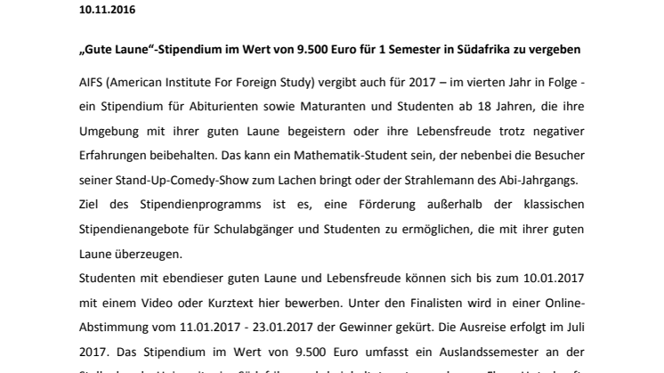„Gute Laune" -Stipendium im Wert von 9.500 Euro für 1 Semester in Südafrika