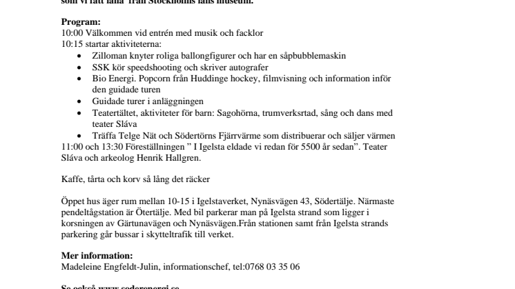 Allmänheten bjuds in till Öppet Hus i Igelsta kraftvärmeverk lördag 8 maj