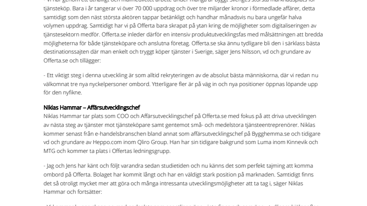 ​Offerta.se storsatsar för att ytterligare digitalisera svensk tjänstesektor – anställer tre nyckelpersoner