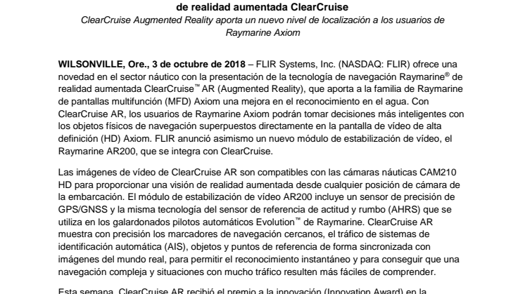 Raymarine: FLIR presenta en sector náutico la novedosa tecnología de navegación Raymarine de realidad aumentada ClearCruise