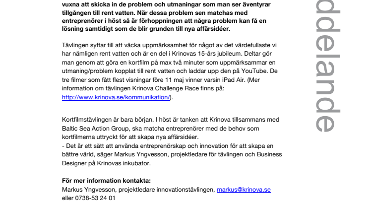 Krinova Challenge Race – innovationstävling med fokus på rent vatten