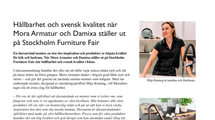 Hållbarhet och svensk kvalitet när Mora Armatur och Damixa ställer ut på Stockholm Furniture Fair