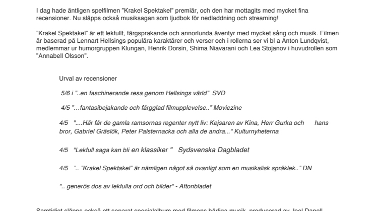 Pressinfo Krakel Spektakel Ljudbok och musikalbum