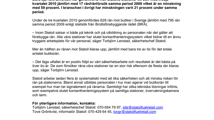 Halvering av antalet rån mot Statoil hittills i år