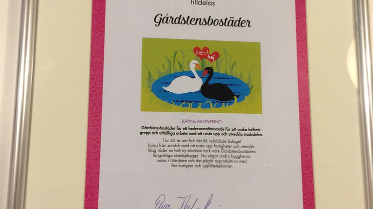 SABOs hedersomnämnande till Gårdstensbostäder
