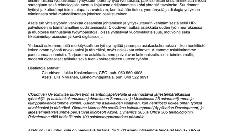 Azets ja Cloudriven käynnistävät yhteistyön paremman johtamisen puolesta