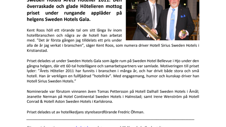  Kent Roos är Årets Hôtelier 2011